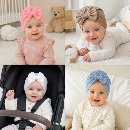 Geraffter Baby-Turban mit Schleife – Weiche Strickmütze für Neugeborene