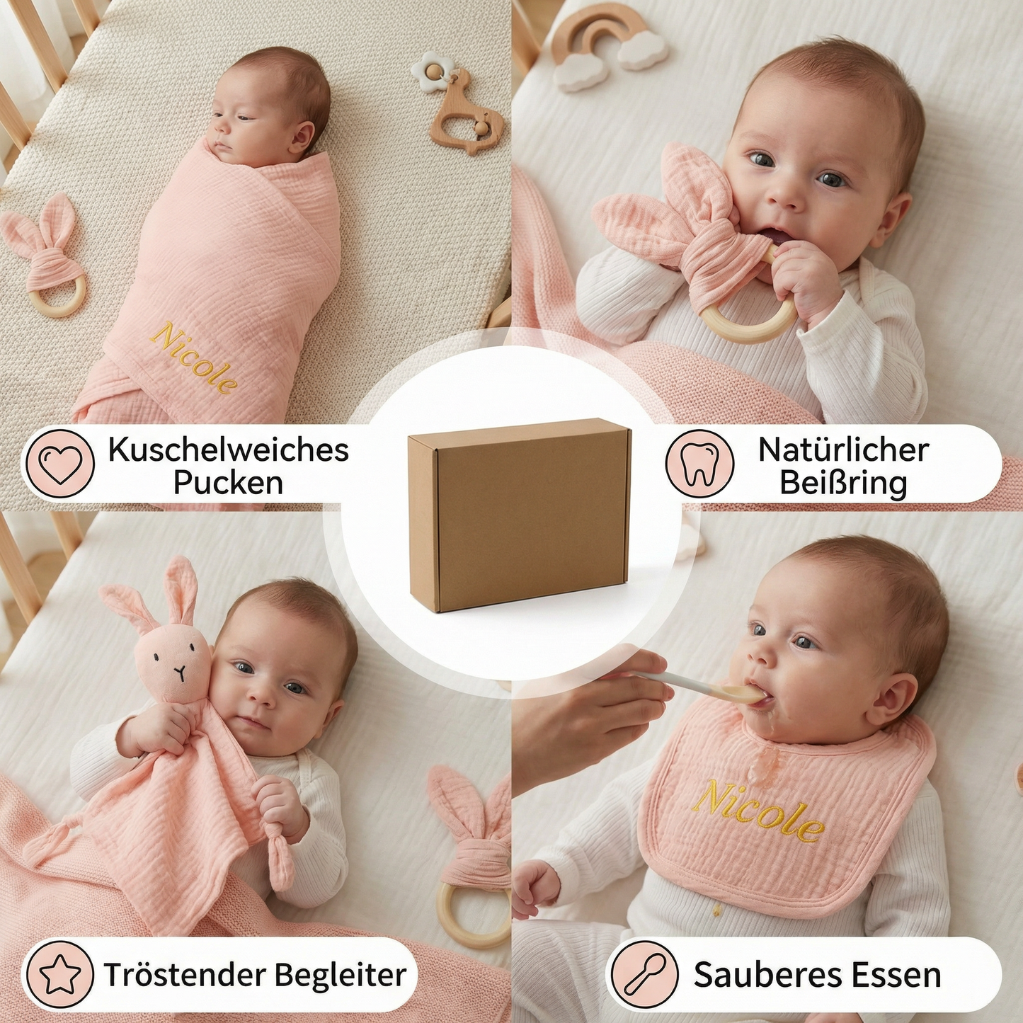 Personalisiertes 4-teiliges Neugeborenen Geschenkset – Musselin, Beißring & Lätzchen (100% Baumwolle)