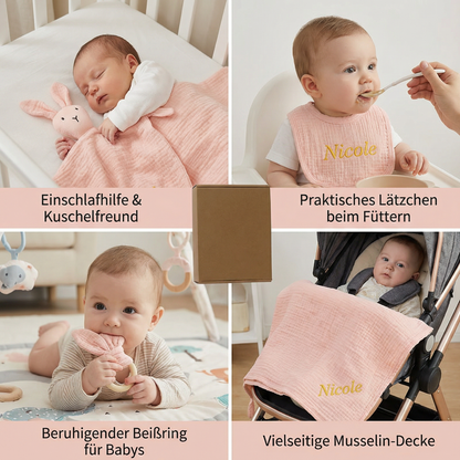 Personalisiertes 4-teiliges Neugeborenen Geschenkset – Musselin, Beißring & Lätzchen (100% Baumwolle)