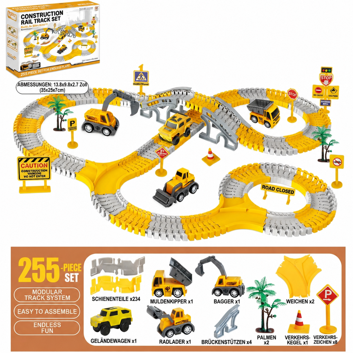 Baustellenfahrzeug-Rennstrecken-Spielset mit Brücke, Fahrzeugen & Verkehrsschildern