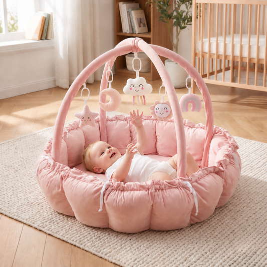 5-in-1 Plüsch-Baby-Spielbogen, Aktivitätsmatte & Bett mit Hängespielzeug
