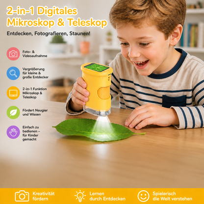 2-in-1 Digitales Mikroskop & Teleskop für Kinder mit Foto- und Videokamera