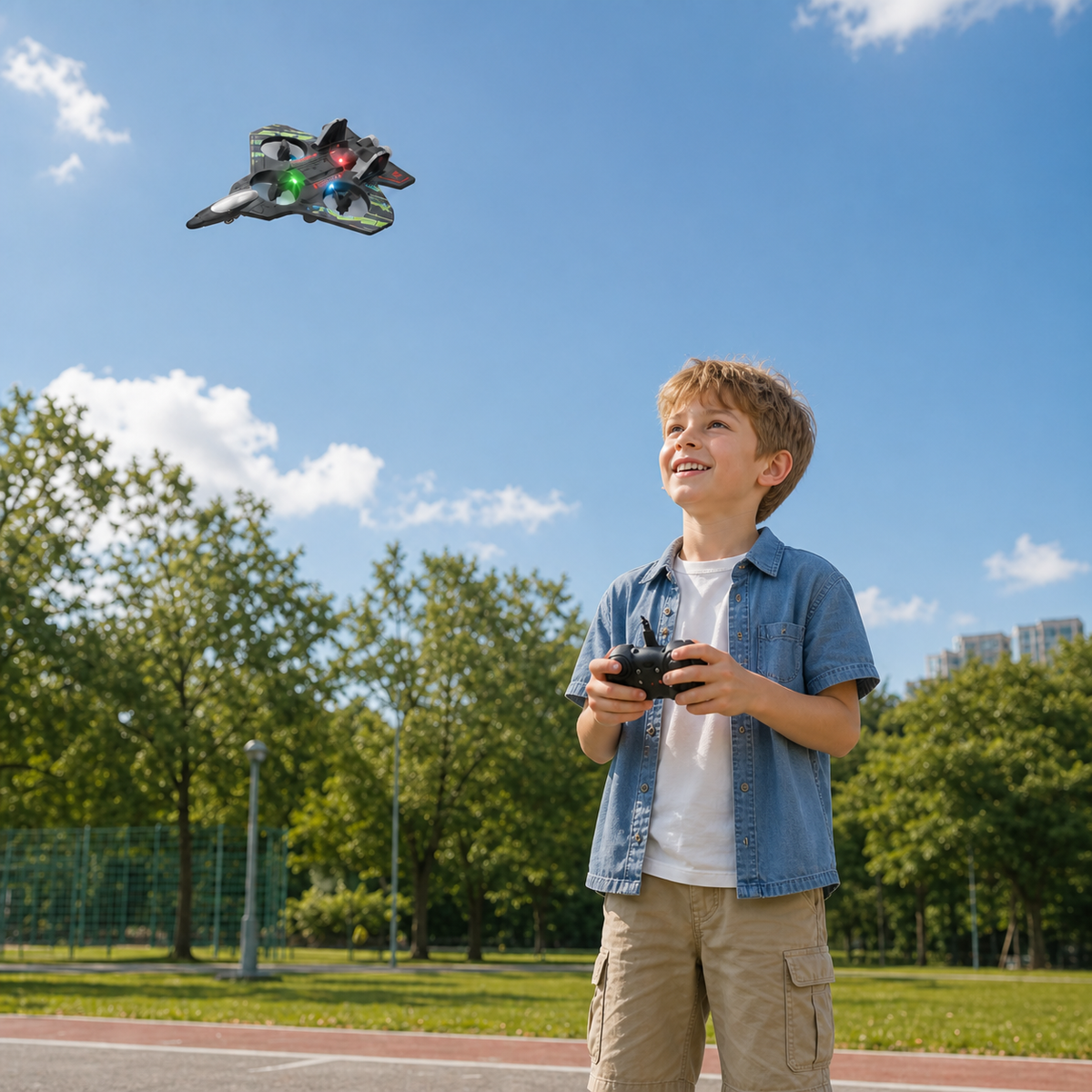 Robuste RC-Kampfjet-Drohne aus Schaumstoff für drinnen & draußen – 360°-Flips & LED-Lichter