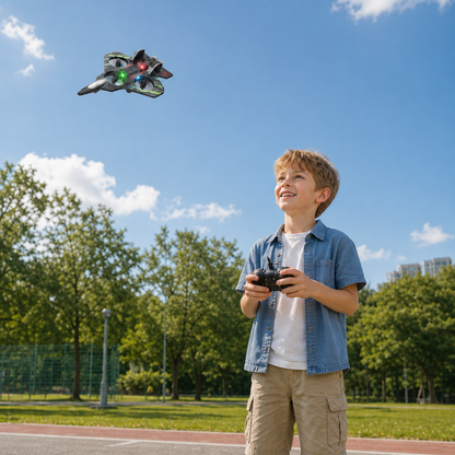 Robuste RC-Kampfjet-Drohne aus Schaumstoff für drinnen & draußen – 360°-Flips & LED-Lichter