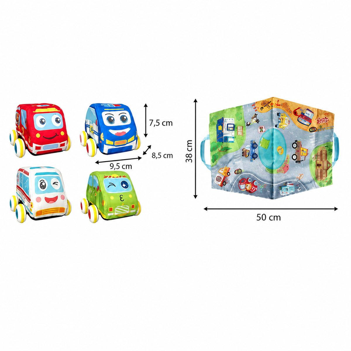 Weiches Plüsch-Rückziehauto-Set mit 2-in-1 Spielmatte & Aufbewahrungstasche