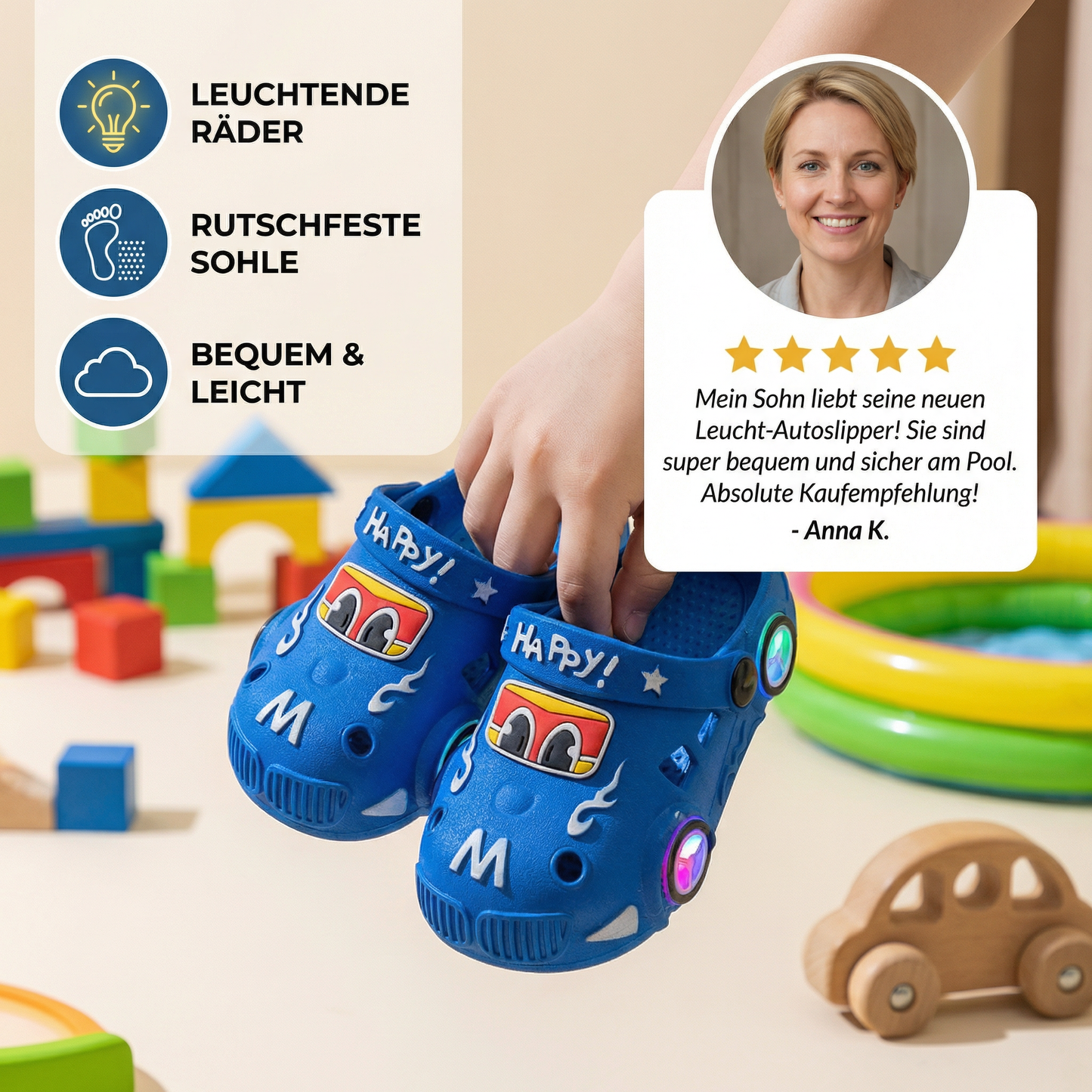 Leuchtende Auto-Kinderslipper – Badeschlappen mit rutschfester Sohle