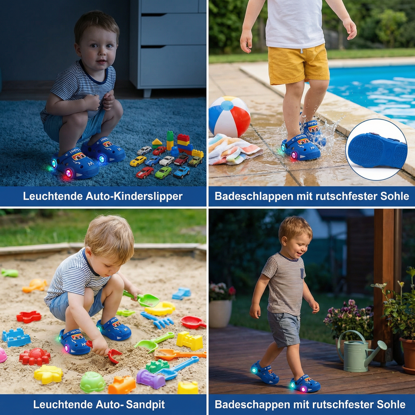 Leuchtende Auto-Kinderslipper – Badeschlappen mit rutschfester Sohle