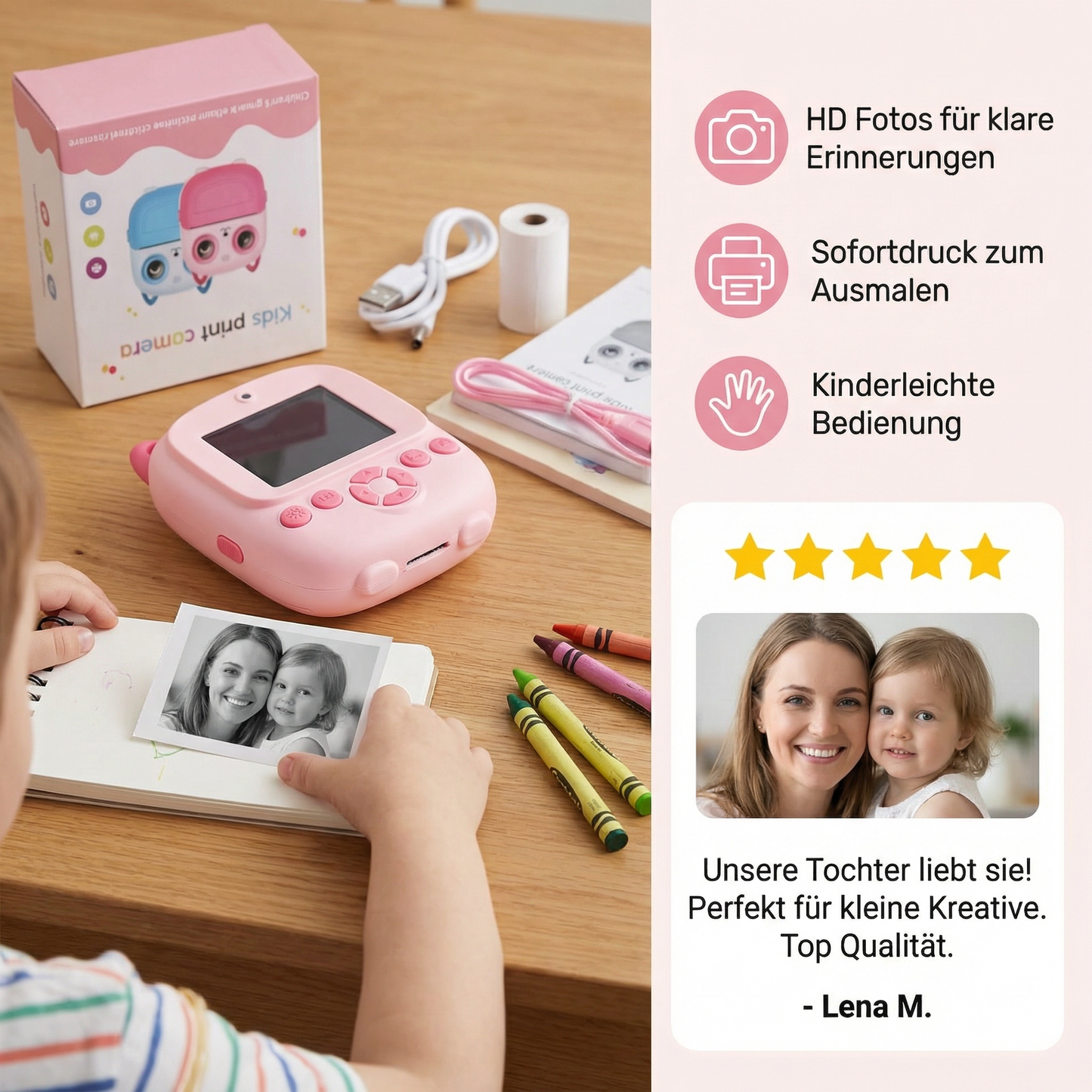Kinder Sofortbildkamera – Mini Digitalkamera mit HD-Foto & integriertem Drucker