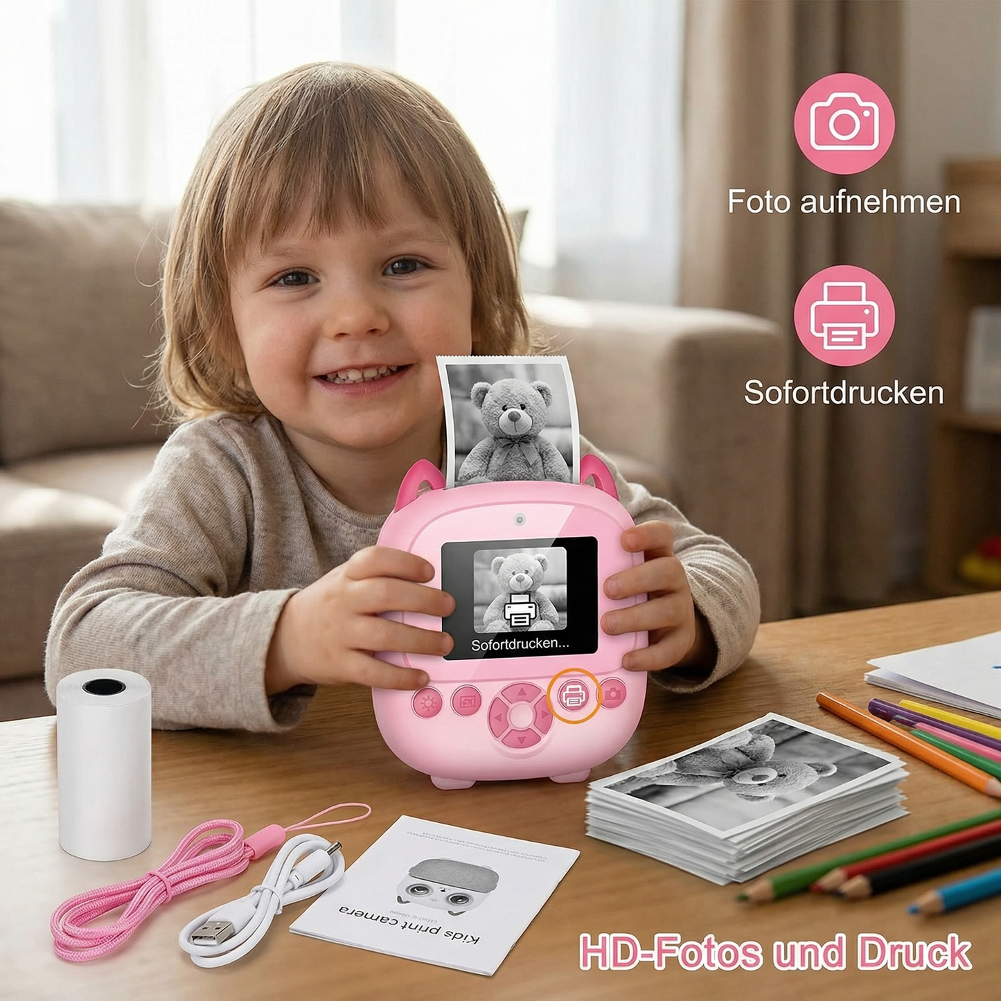 Kinder Sofortbildkamera – Mini Digitalkamera mit HD-Foto & integriertem Drucker