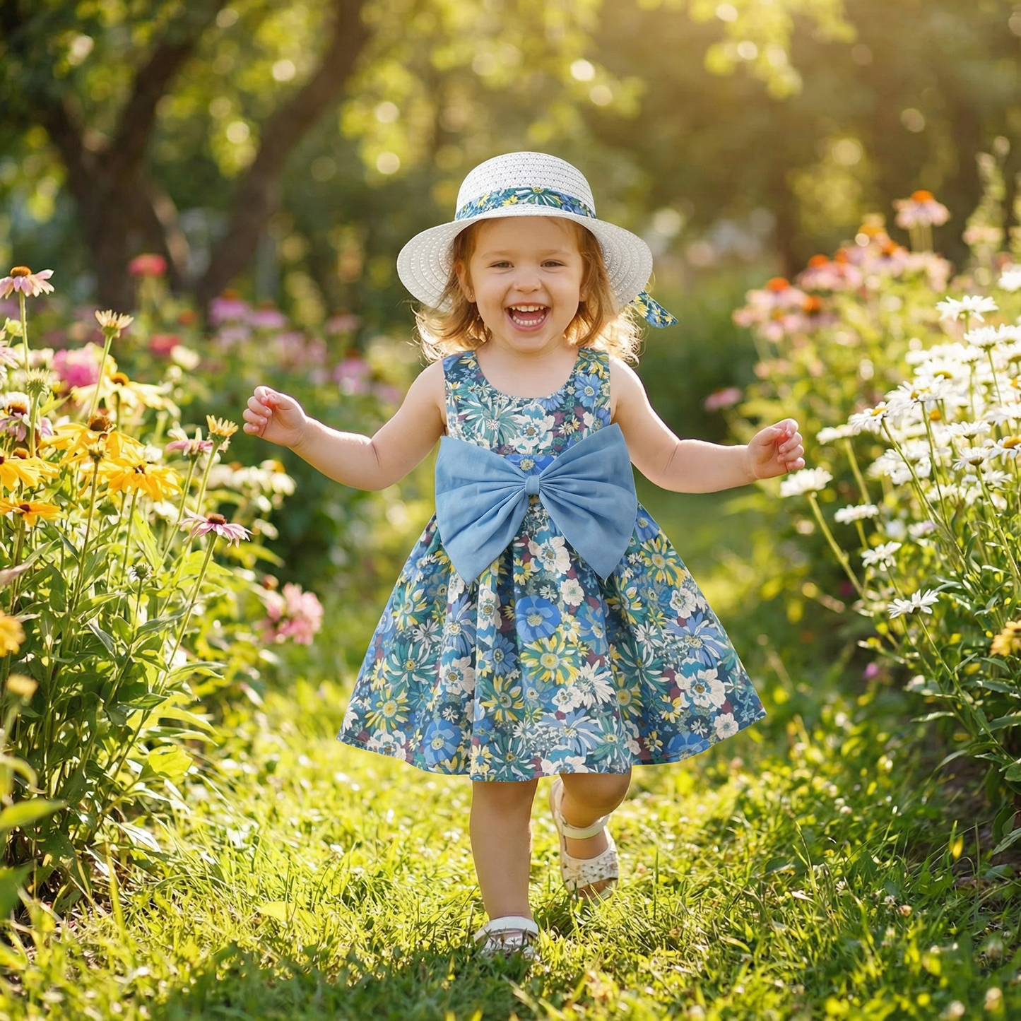 Sommerliches 2in1 Set - Armelloses Mädchenkleid mit Schleife und Hut mit Blumenmuster aus Baumwolle