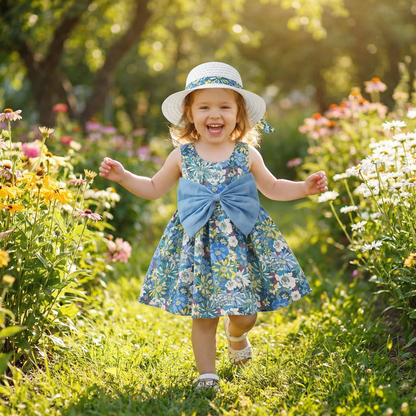 Sommerliches 2in1 Set - Armelloses Mädchenkleid mit Schleife und Hut mit Blumenmuster aus Baumwolle