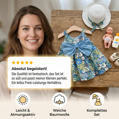 Sommerliches 2in1 Set - Armelloses Mädchenkleid mit Schleife und Hut mit Blumenmuster aus Baumwolle