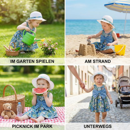 Sommerliches 2in1 Set - Armelloses Mädchenkleid mit Schleife und Hut mit Blumenmuster aus Baumwolle