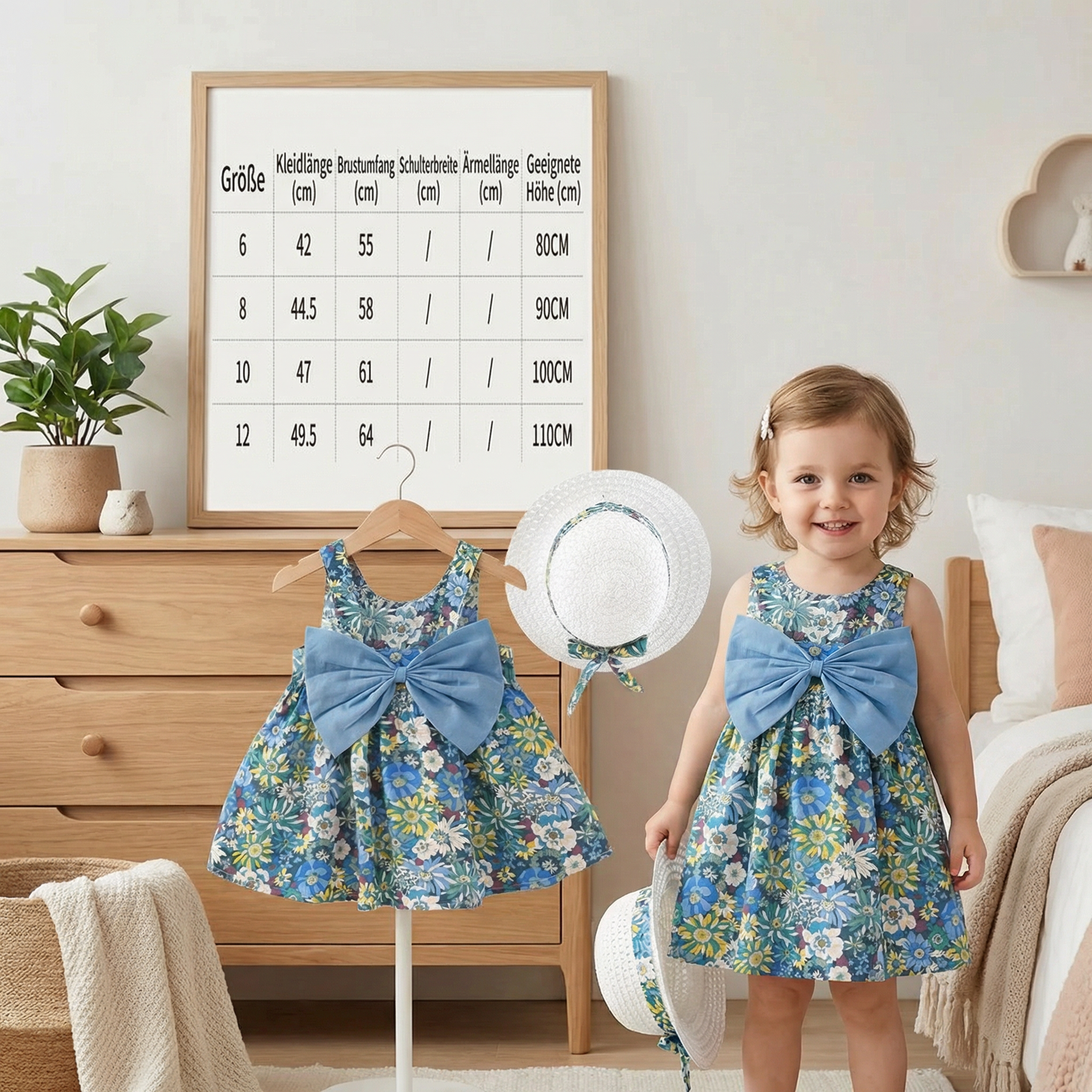 Sommerliches 2in1 Set - Armelloses Mädchenkleid mit Schleife und Hut mit Blumenmuster aus Baumwolle