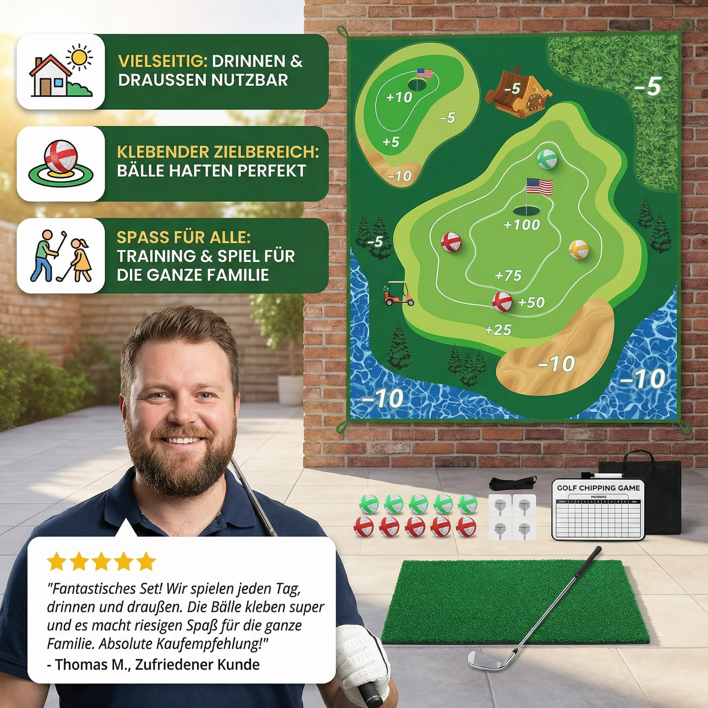 Klebendes 2in1 Golf Trainings- & Spielset – Indoor & Outdoor Abschlagmatte mit Zielwand & Schläger