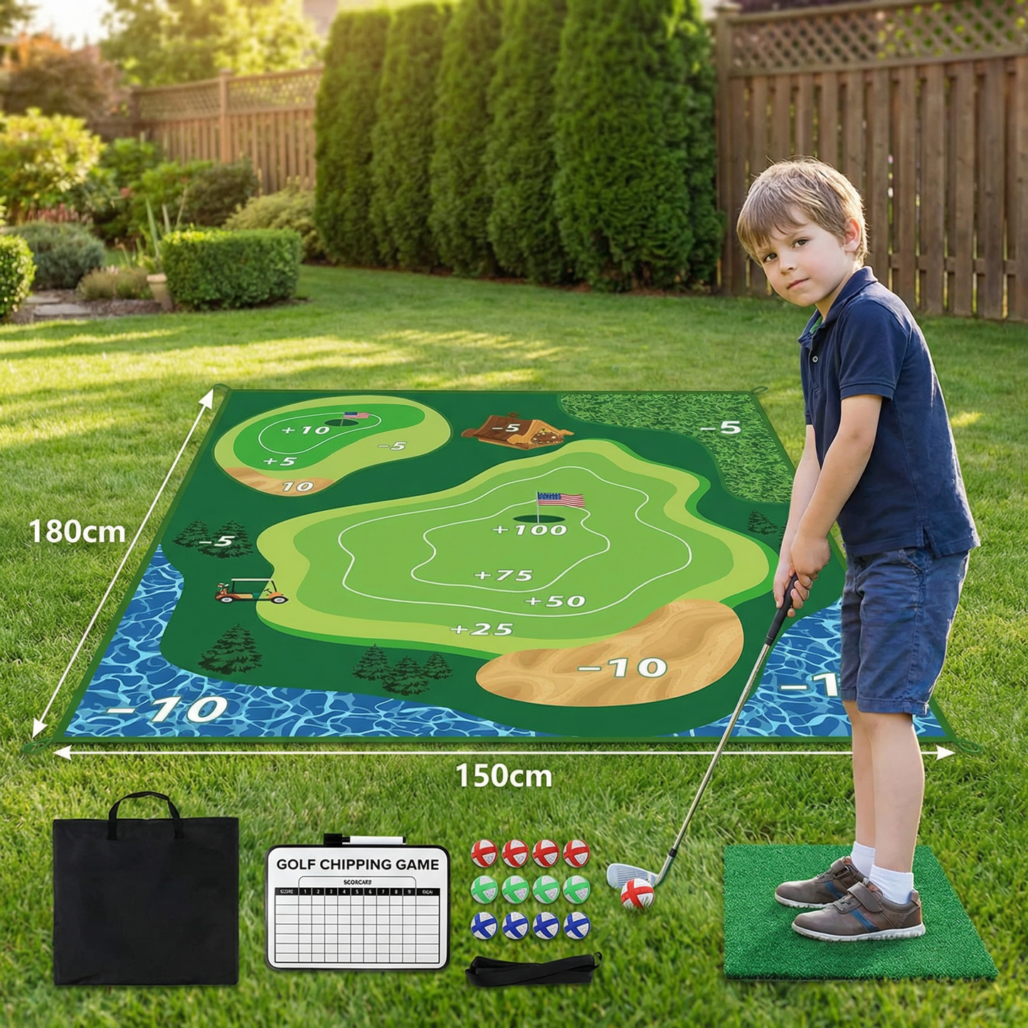 Klebendes 2in1 Golf Trainings- & Spielset – Indoor & Outdoor Abschlagmatte mit Zielwand & Schläger