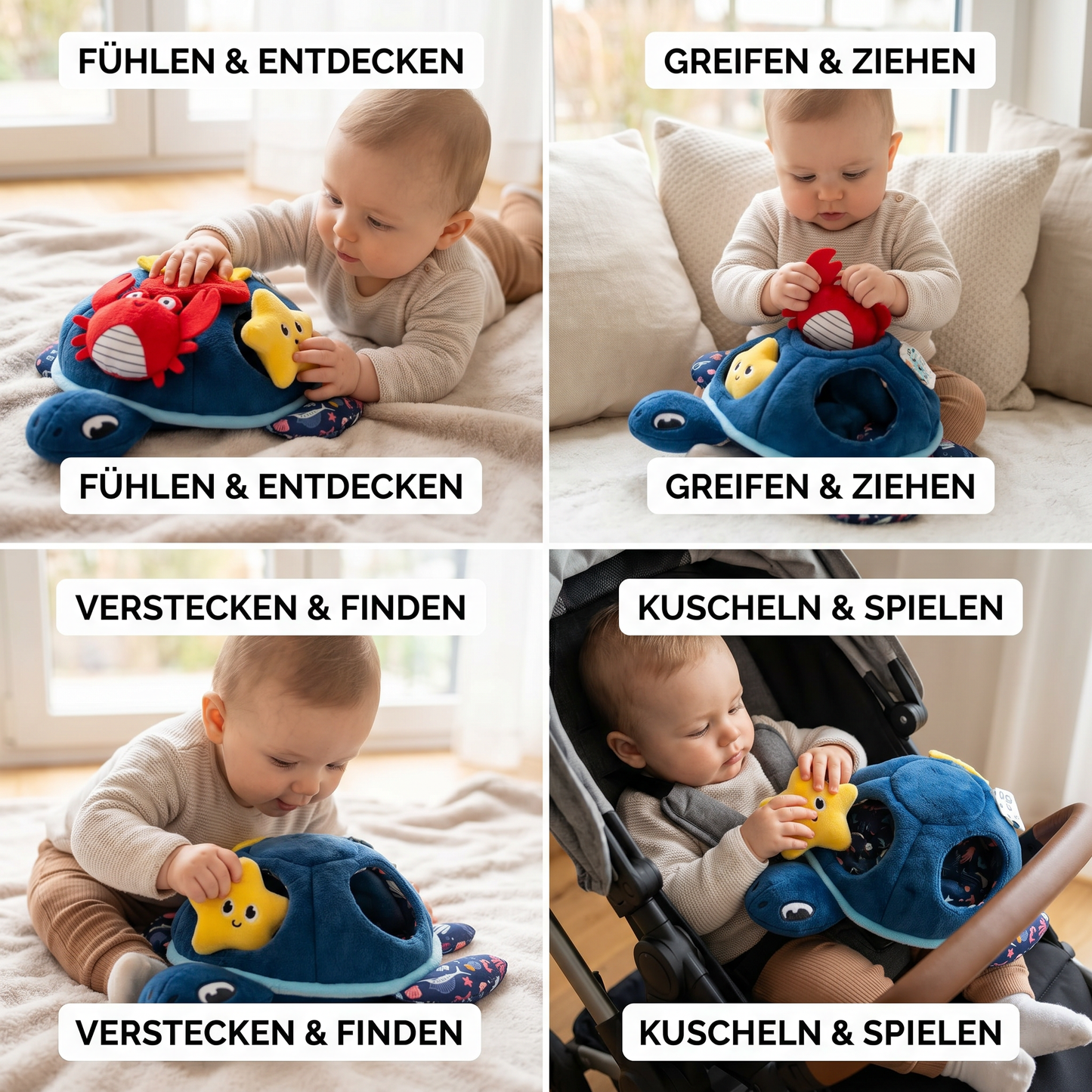 Montessori Schildkröten Entdecker-Spielzeug – Weiches Sensorik-Stoffspiel für Babys