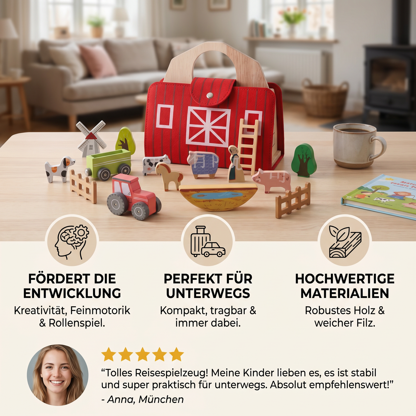 Montessori Holz & Filz Reise Farm Spielzeug - Perfekt für Unterwegs