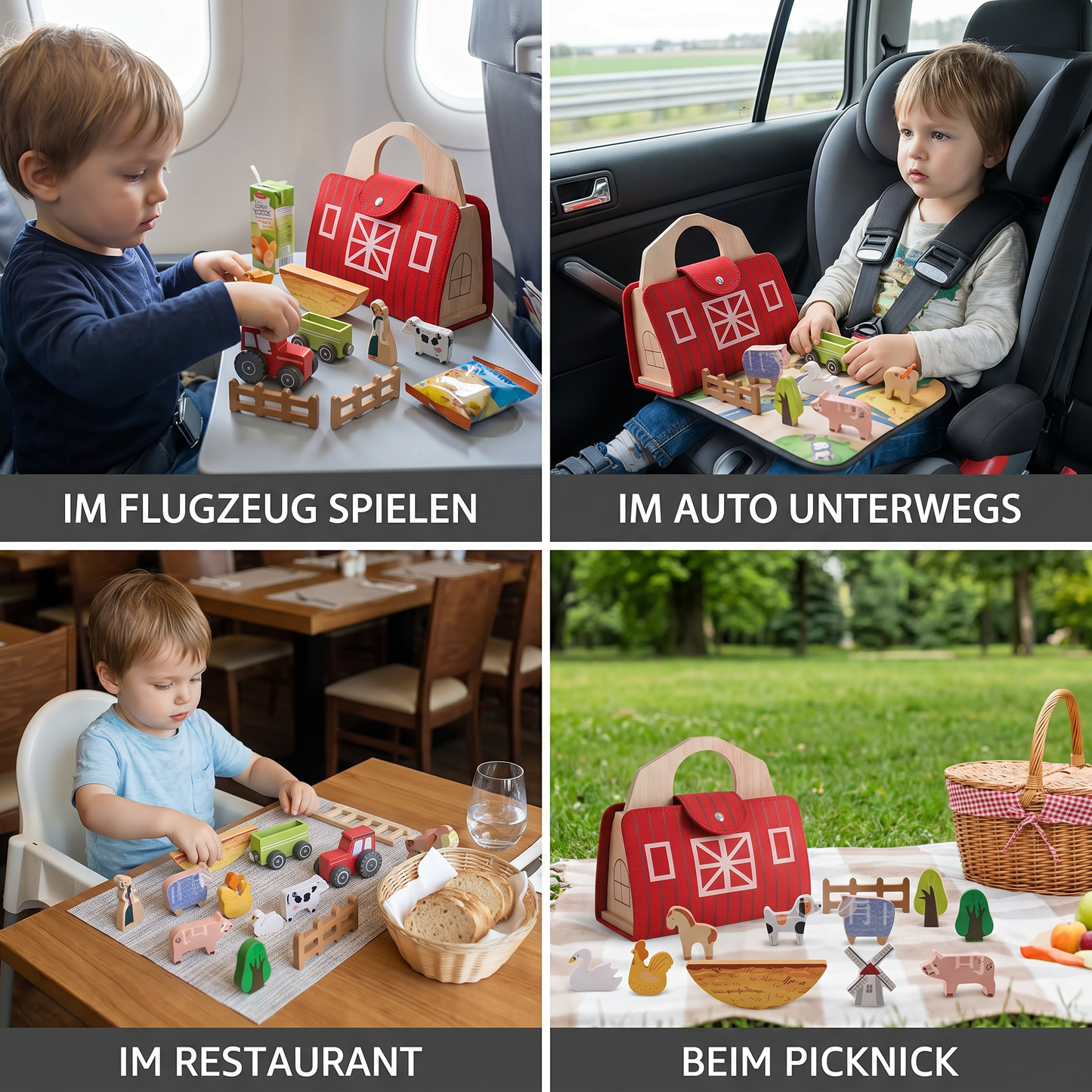 Montessori Holz & Filz Reise Farm Spielzeug - Perfekt für Unterwegs