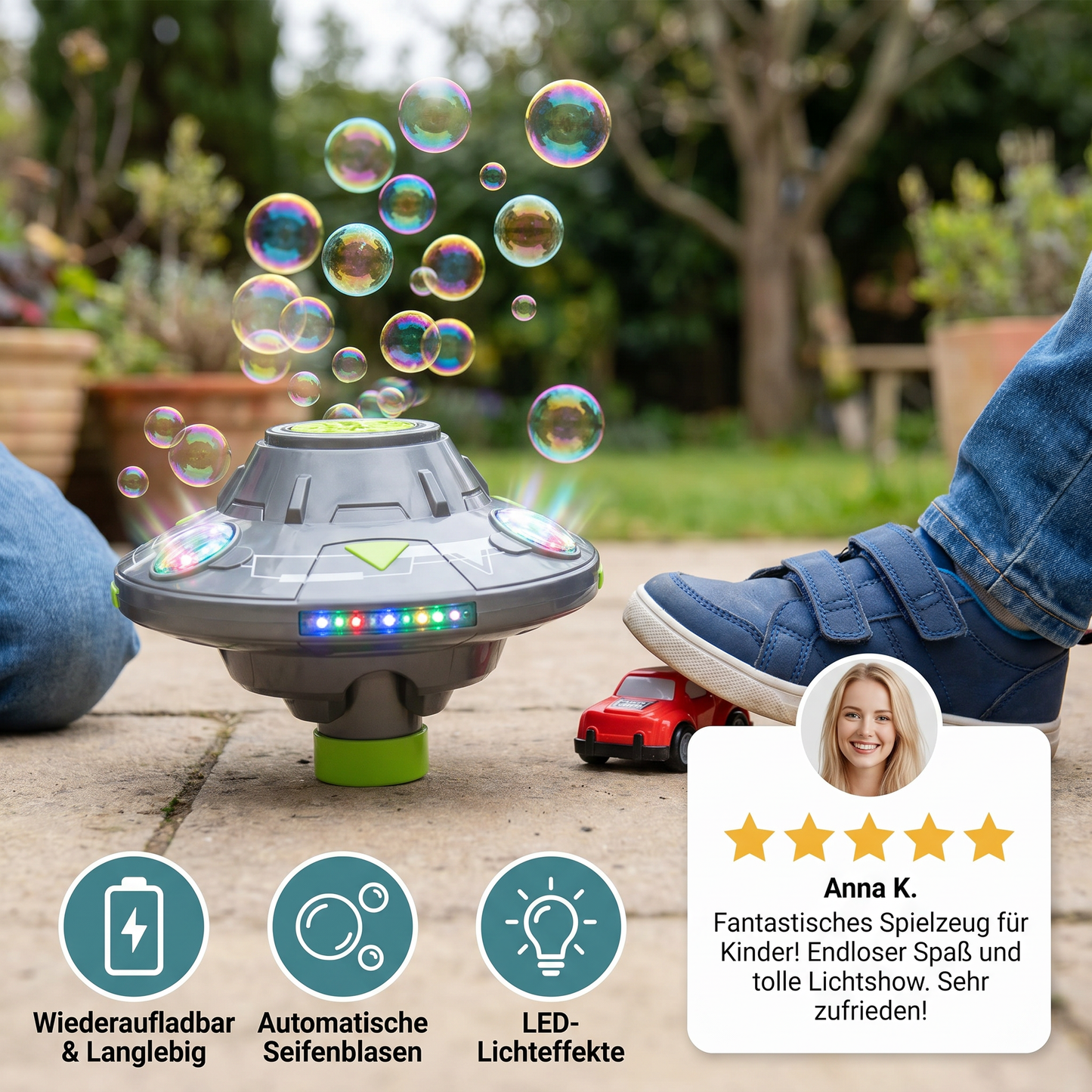Leuchtende UFO-Seifenblasenmaschine für Kinder – Wiederaufladbarer Blasen Kreisel mit Lichteffekten