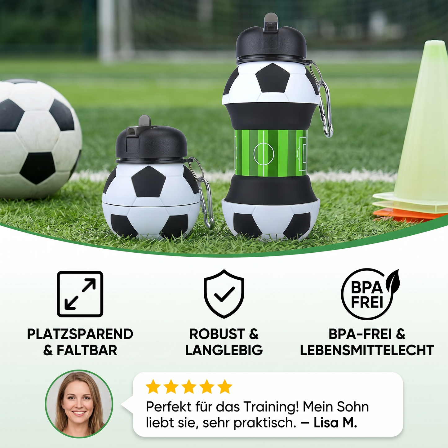 Faltbare und strapazierfähige Fußball-Trinkflasche aus Silikon