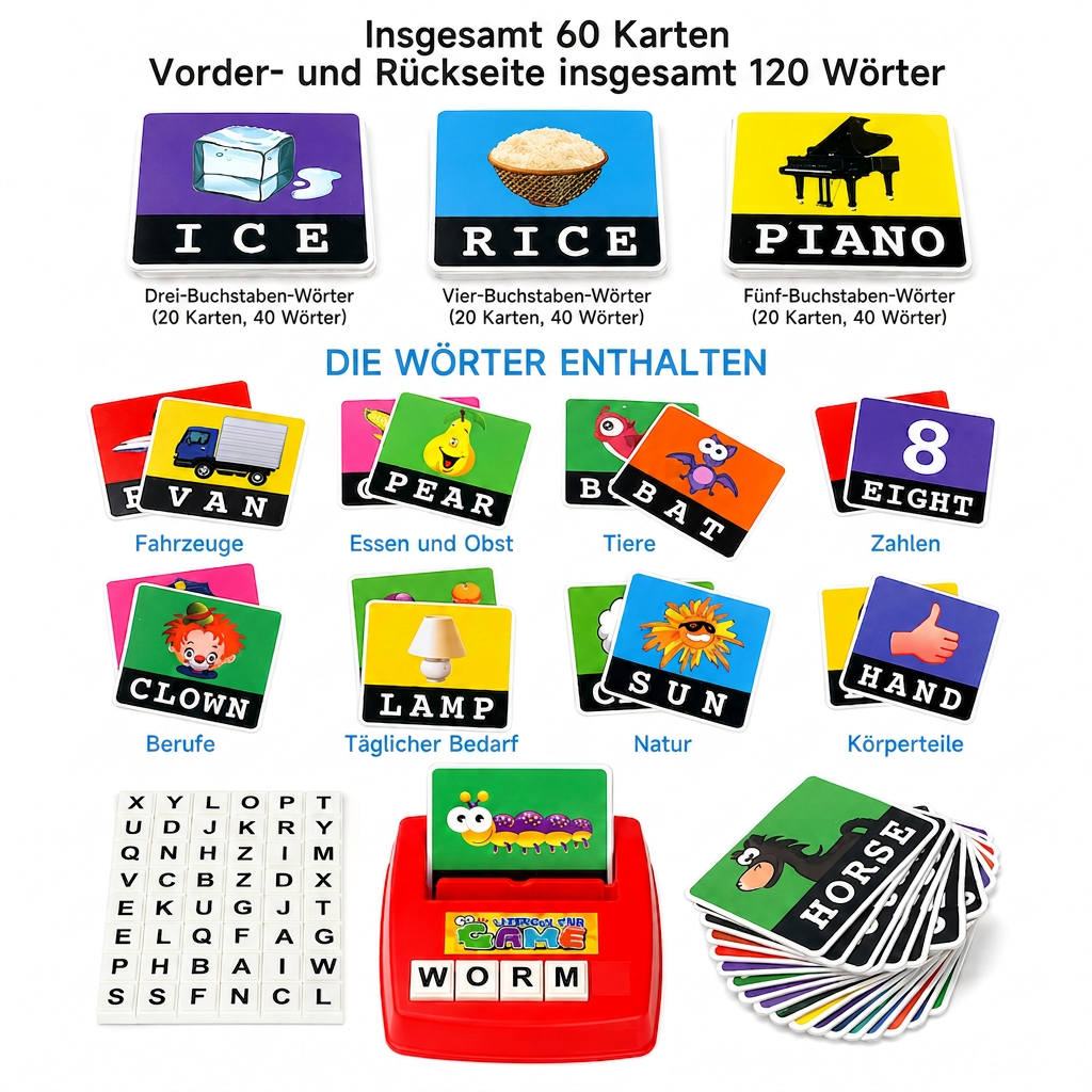Interaktives Rechtschreib- und Wortzuordnungsspiel – Lernspielzeug zur Lese- und Schreibförderung für Vorschulkinder mit Bildkarten und Buchstabenplättchen