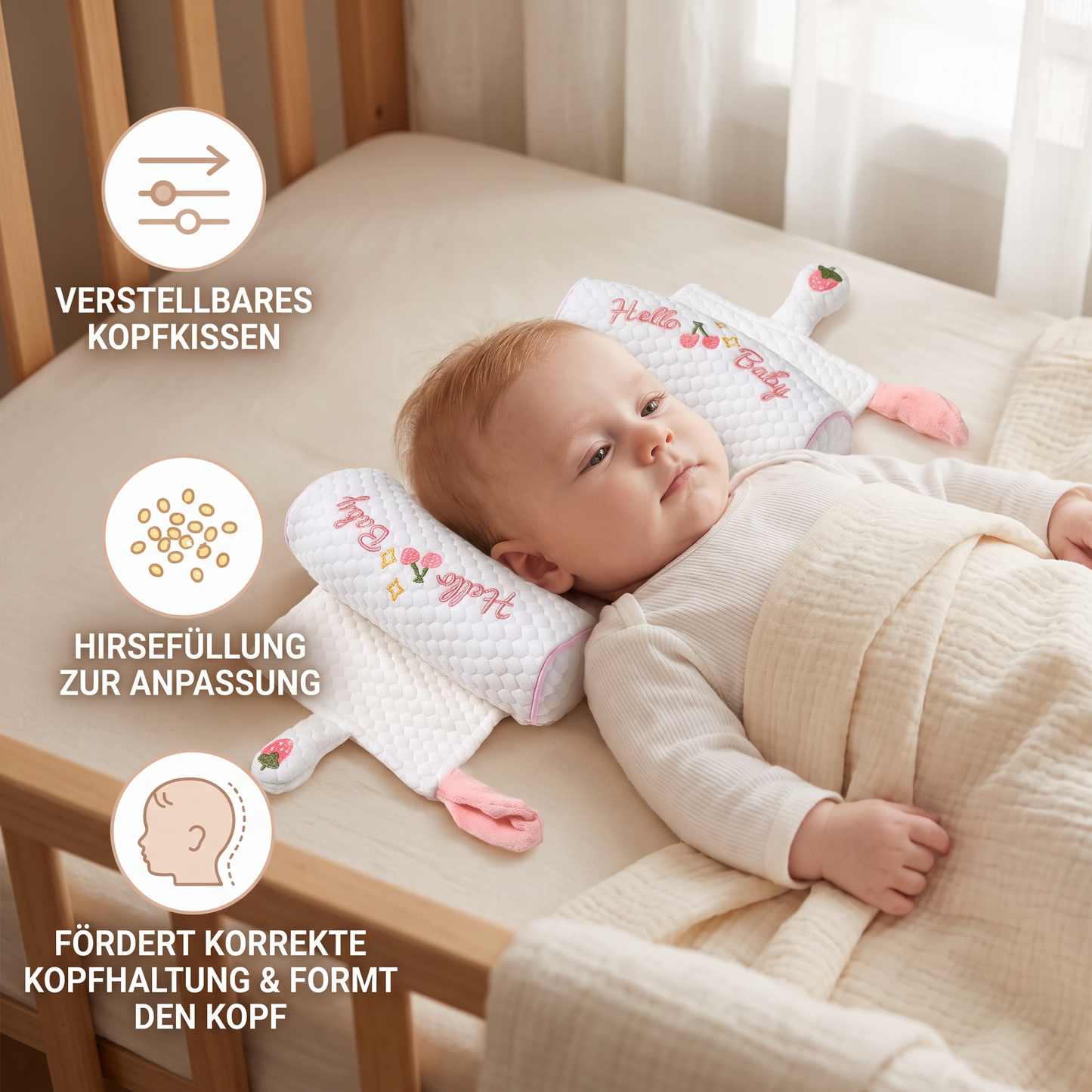 Verstellbares Babykopfkissen mit Hirsefüllung