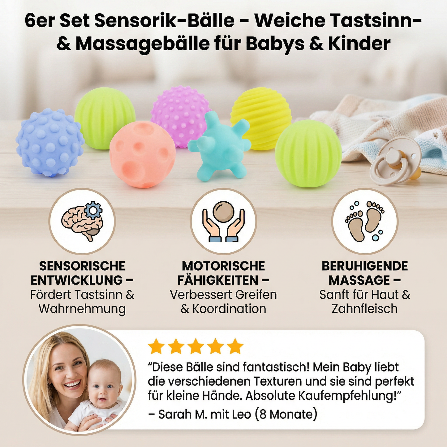 6er Set Sensorik-Bälle – Weiche Tastsinn- & Massagebälle für Babys & Kinder