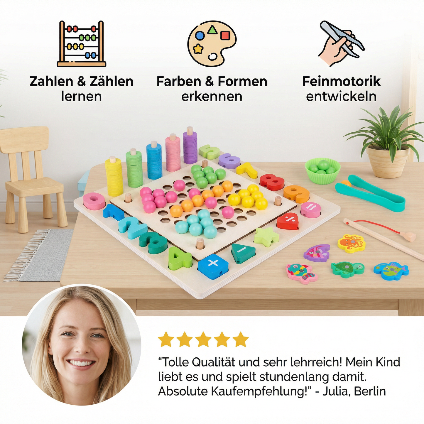 Montessori 6-in-1 Angelspiel aus Holz – Lernspiel für Zahlen, Farben & Feinmotorik