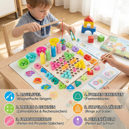 Montessori 6-in-1 Angelspiel aus Holz – Lernspiel für Zahlen, Farben & Feinmotorik