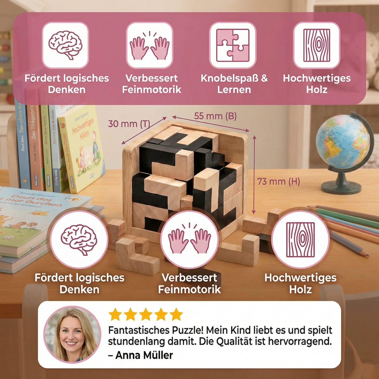 Handgemachtes 3D Holz-Würfelpuzzle – Knobel- & Lernspiel für Kinder (54 Teile)
