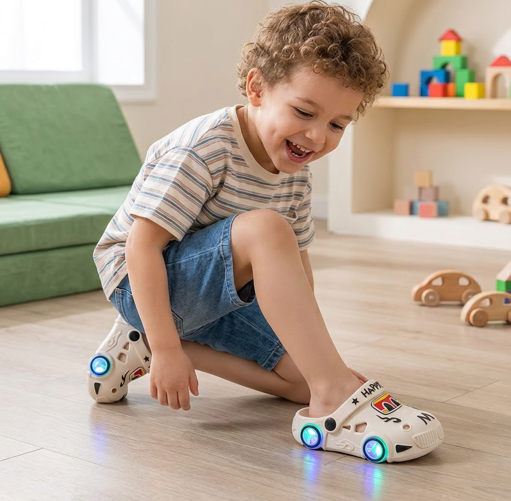 Leuchtende Auto-Kinderslipper – Badeschlappen mit rutschfester Sohle