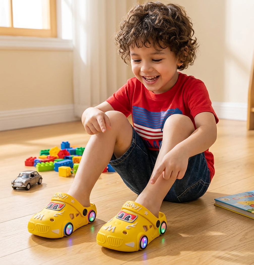Leuchtende Auto-Kinderslipper – Badeschlappen mit rutschfester Sohle