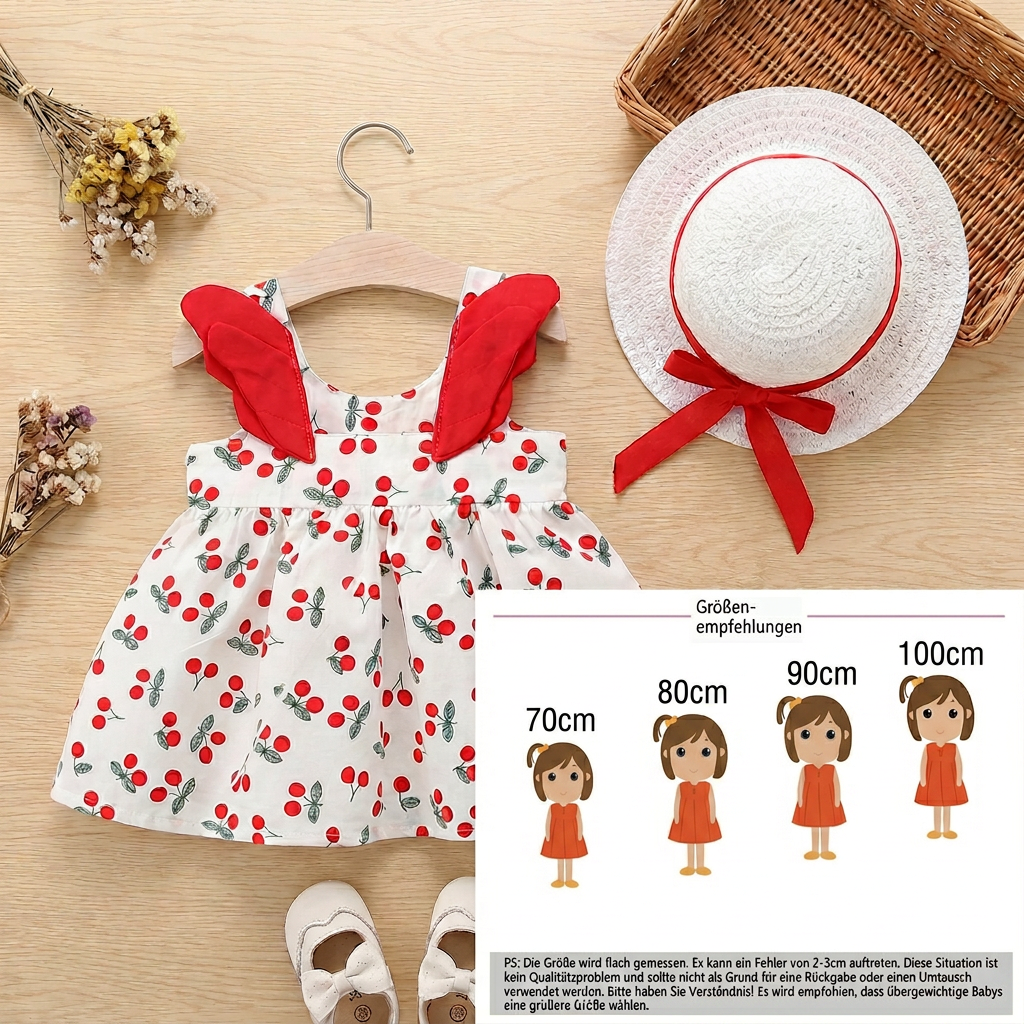 Sommerliches 2in1 Set Mädchenkleid mit Kirschmuster im Koreanischen Stil inkl. Strohhut