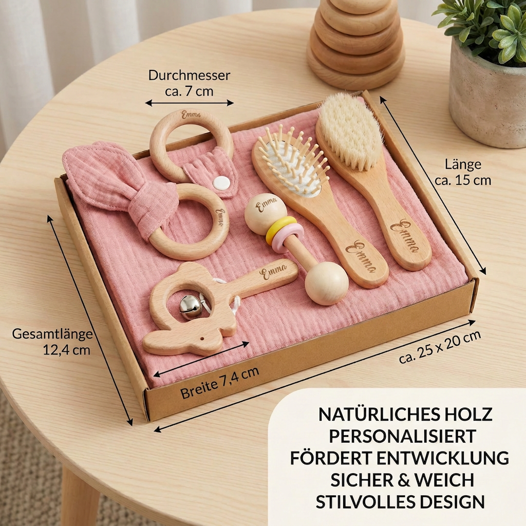 Personalisiertes 6-teiliges Geschenkset aus Holz & Musselin – Beißringe, Rasseln, Haarbürsten & Kuscheltuch mit Namen