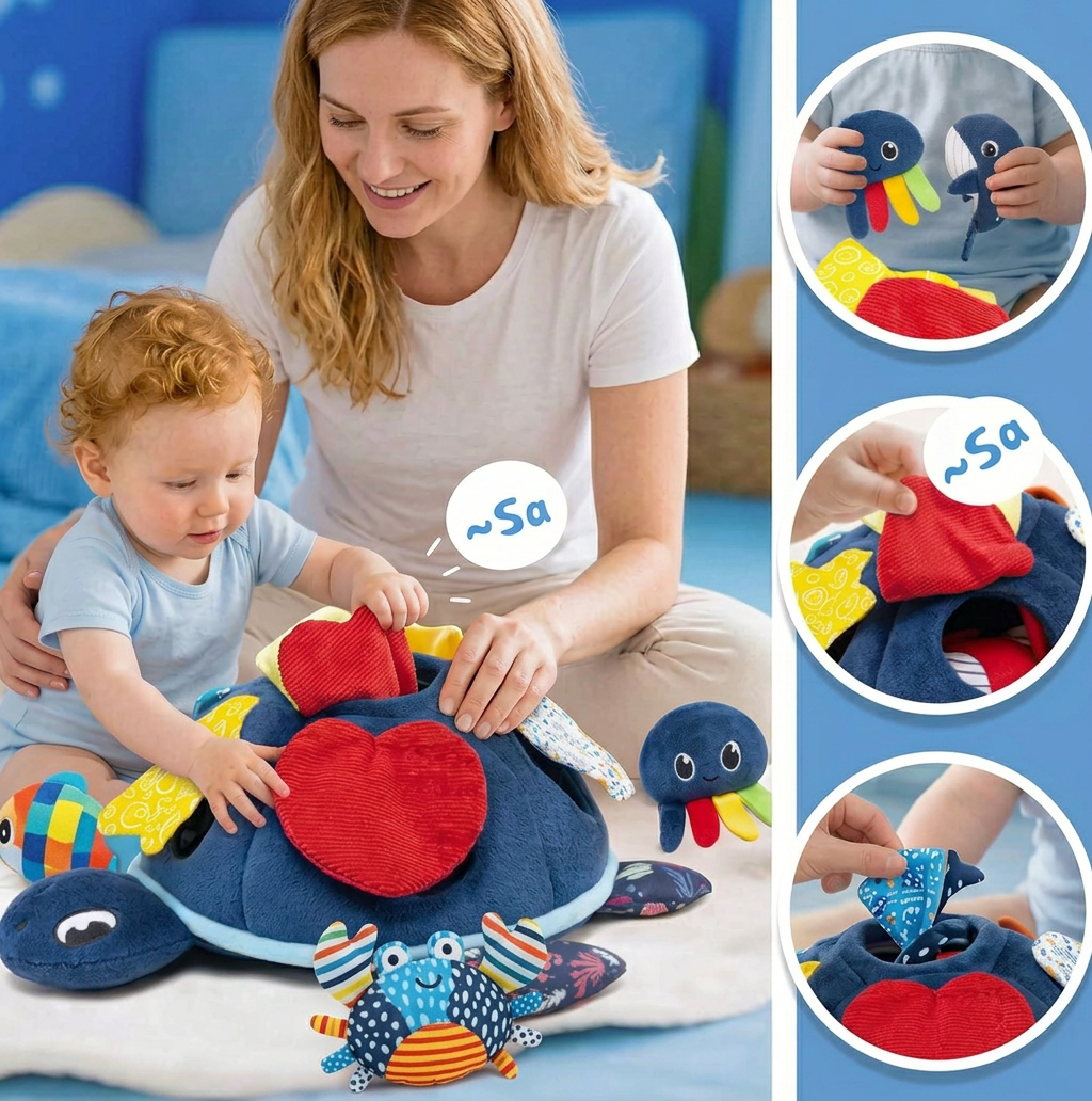 Montessori Schildkröten Entdecker-Spielzeug – Weiches Sensorik-Stoffspiel für Babys