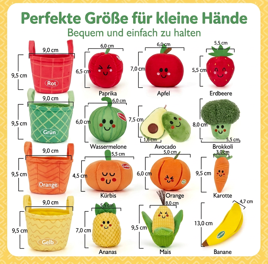 Weiches Obst- & Gemüse-Lernspiel für Babys – 4er Farb-Sortier-Set mit Rassel und Knistereffekt