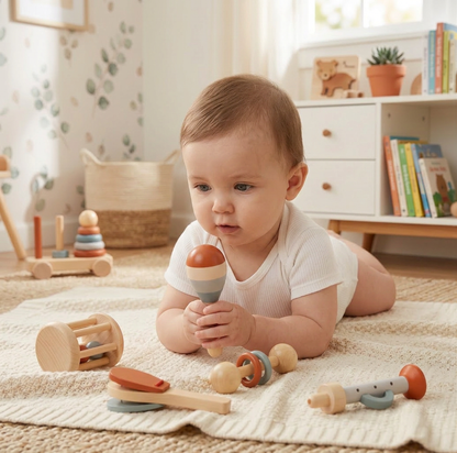 Montessori Holz-Musikinstrumente Set für Babys – 5-teiliges Sensorik & Rasselspielzeug