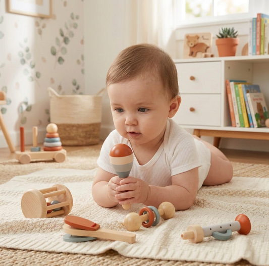 Montessori Holz-Musikinstrumente Set für Babys – 5-teiliges Sensorik & Rasselspielzeug