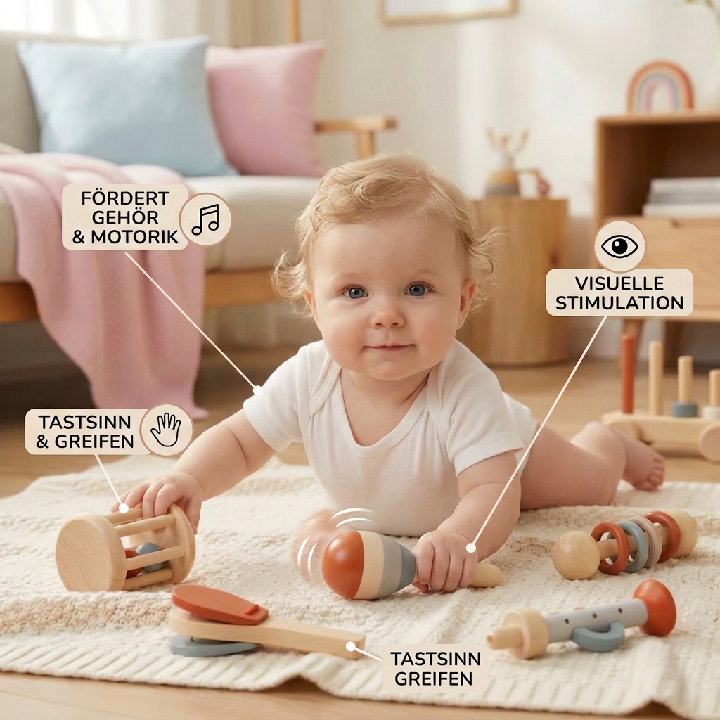 Montessori Holz-Musikinstrumente Set für Babys – 5-teiliges Sensorik & Rasselspielzeug