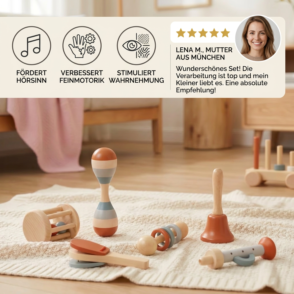 Montessori Holz-Musikinstrumente Set für Babys – 5-teiliges Sensorik & Rasselspielzeug