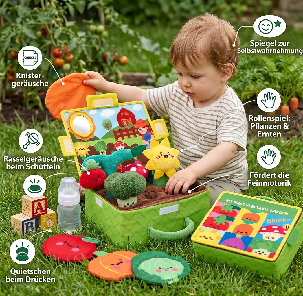 Montessori Garten-Sensorikspielzeug für Babys – Plüsch Obst & Gemüse Set mit Rassel, Spiegel & Quietschfunktion