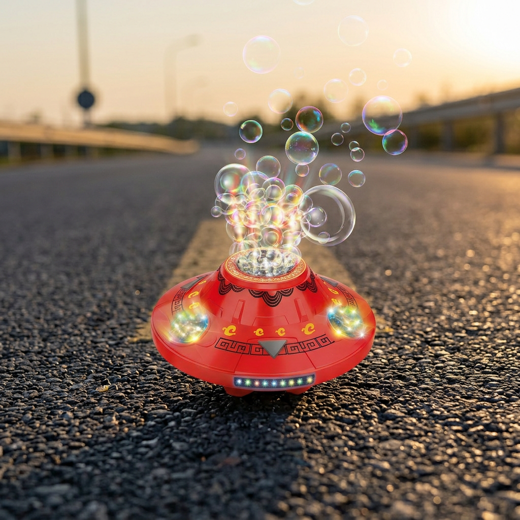 Leuchtende UFO-Seifenblasenmaschine für Kinder – Wiederaufladbarer Blasen Kreisel mit Lichteffekten
