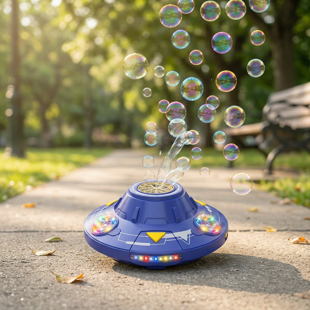 Leuchtende UFO-Seifenblasenmaschine für Kinder – Wiederaufladbarer Blasen Kreisel mit Lichteffekten