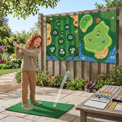 Klebendes 2in1 Golf Trainings- & Spielset – Indoor & Outdoor Abschlagmatte mit Zielwand & Schläger