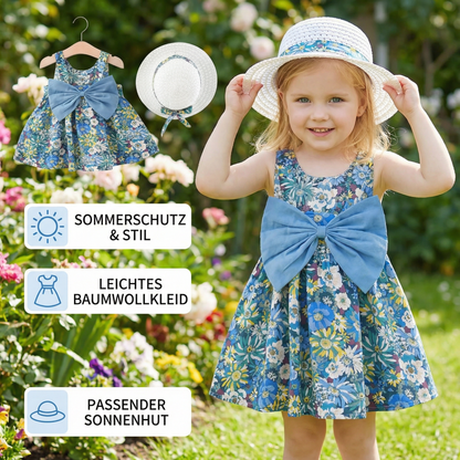 Sommerliches 2in1 Set - Armelloses Mädchenkleid mit Schleife und Hut mit Blumenmuster aus Baumwolle