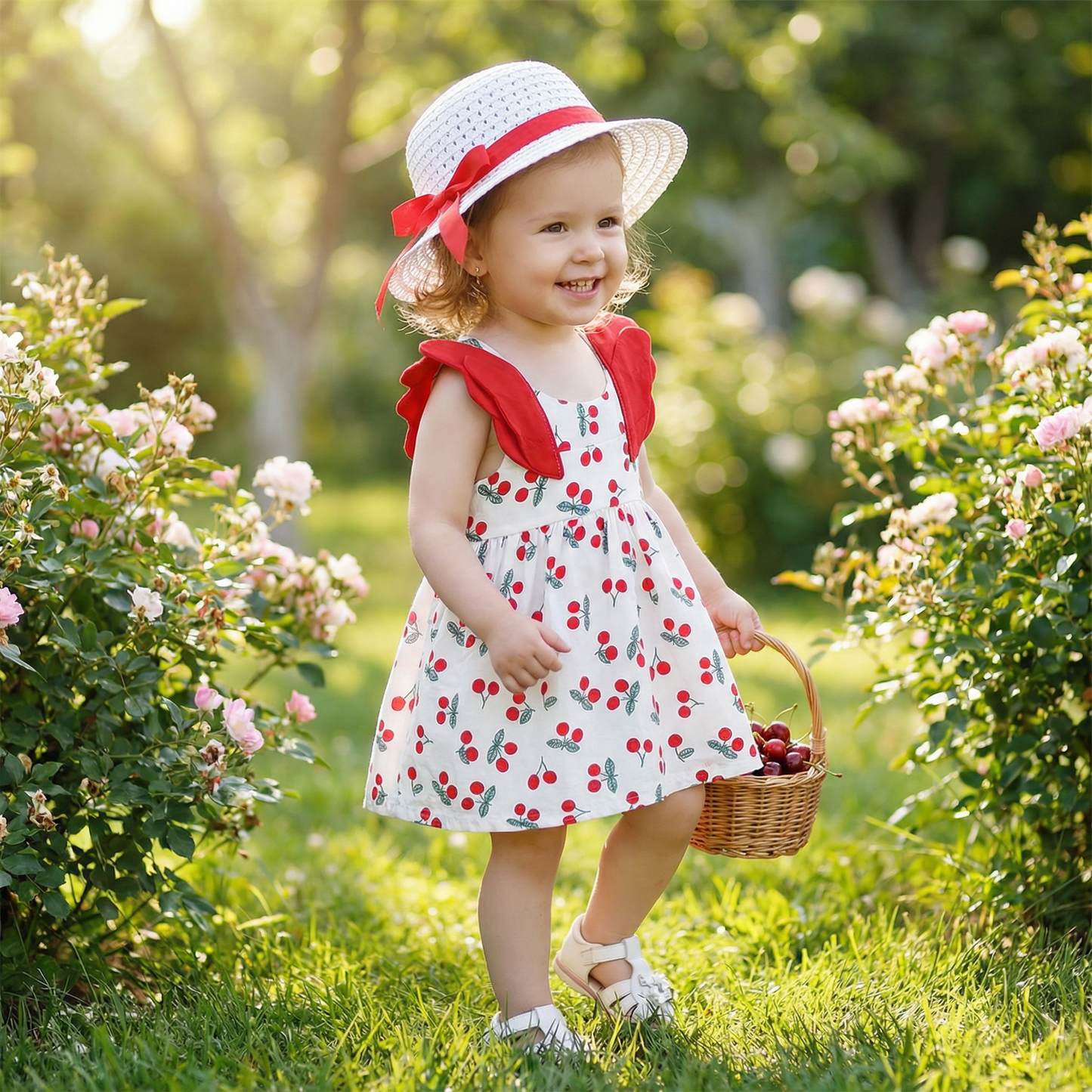 Sommerliches 2in1 Set Mädchenkleid mit Kirschmuster im Koreanischen Stil inkl. Strohhut