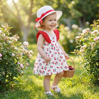 Sommerliches 2in1 Set Mädchenkleid mit Kirschmuster im Koreanischen Stil inkl. Strohhut