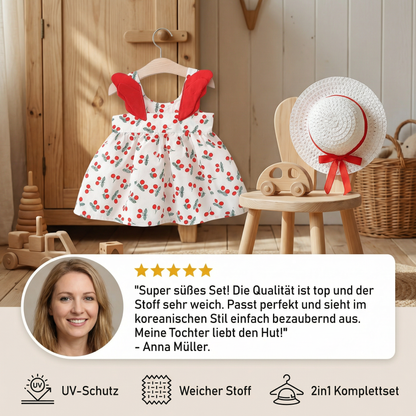 Sommerliches 2in1 Set Mädchenkleid mit Kirschmuster im Koreanischen Stil inkl. Strohhut