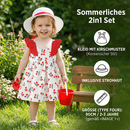 Sommerliches 2in1 Set Mädchenkleid mit Kirschmuster im Koreanischen Stil inkl. Strohhut